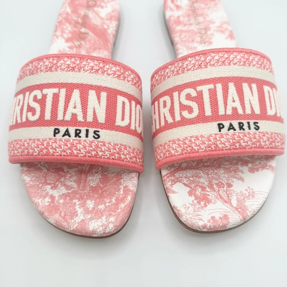 NEW Dior Pink White Dway Toile Embroidered Canvas Flat Slide Sandals Shoes